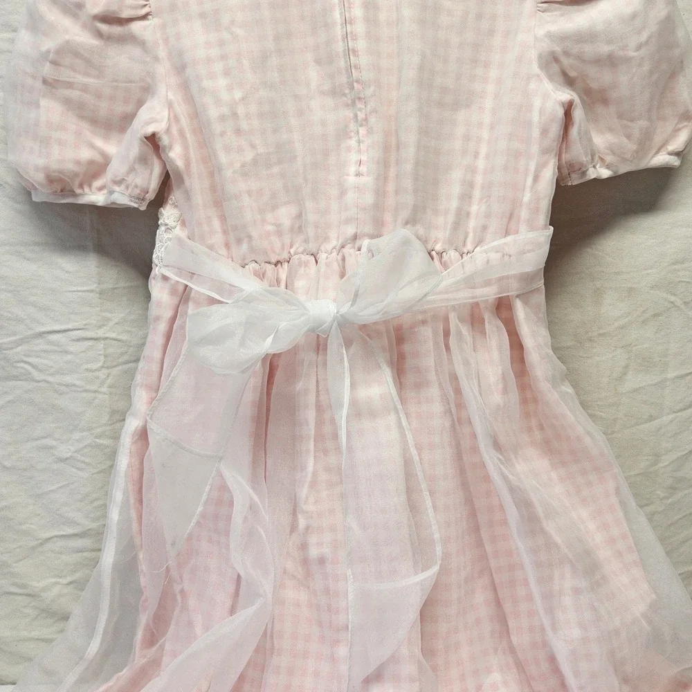 Vintage Girls Size 12 Pink Gingham‎ Organza Dress Lace Floral Pearl Accents USA